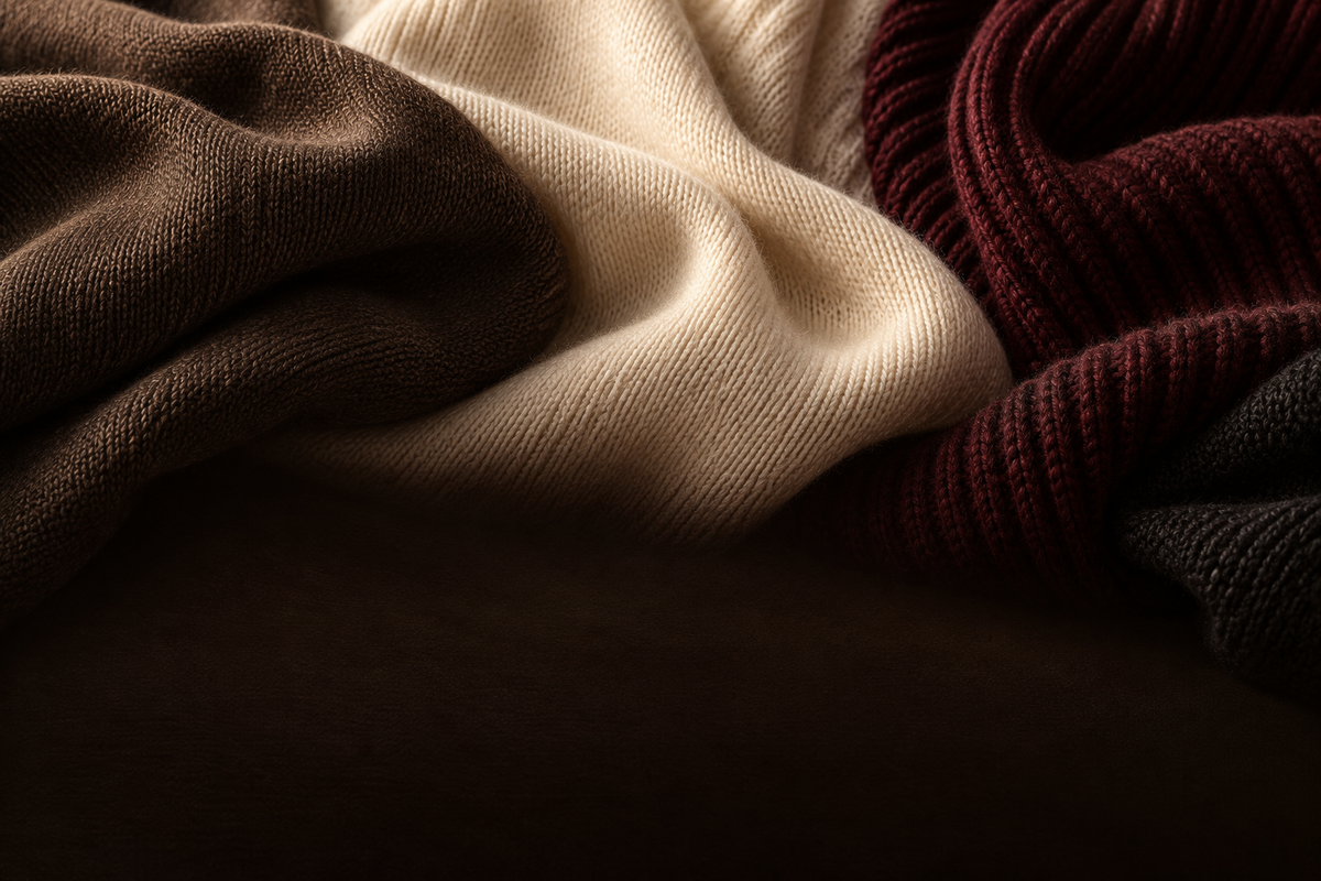 Atmosphärische Strickstoff-Komposition in Espresso, Creme, Burgunder und Schwarz